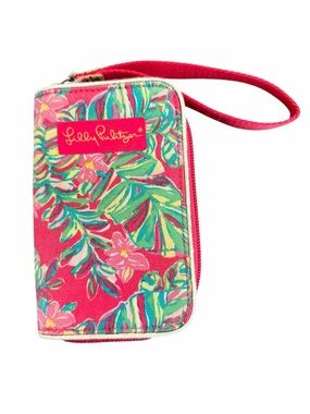 Lilly Pulitzer Pink Tropical Wristlet Wallet Phone Case Strap Full Zip Preppy